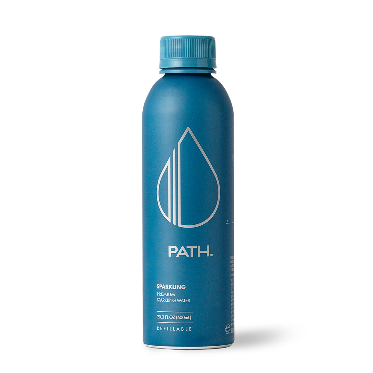 Front view of 20 oz PATH sparkling aluminum bottle with blue matte finish, PATH logo, 'SPARKLING' label on white background