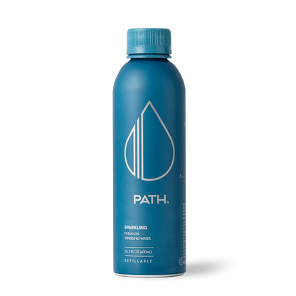 Front view of 20 oz PATH sparkling aluminum bottle with blue matte finish, PATH logo, 'SPARKLING' label on white background