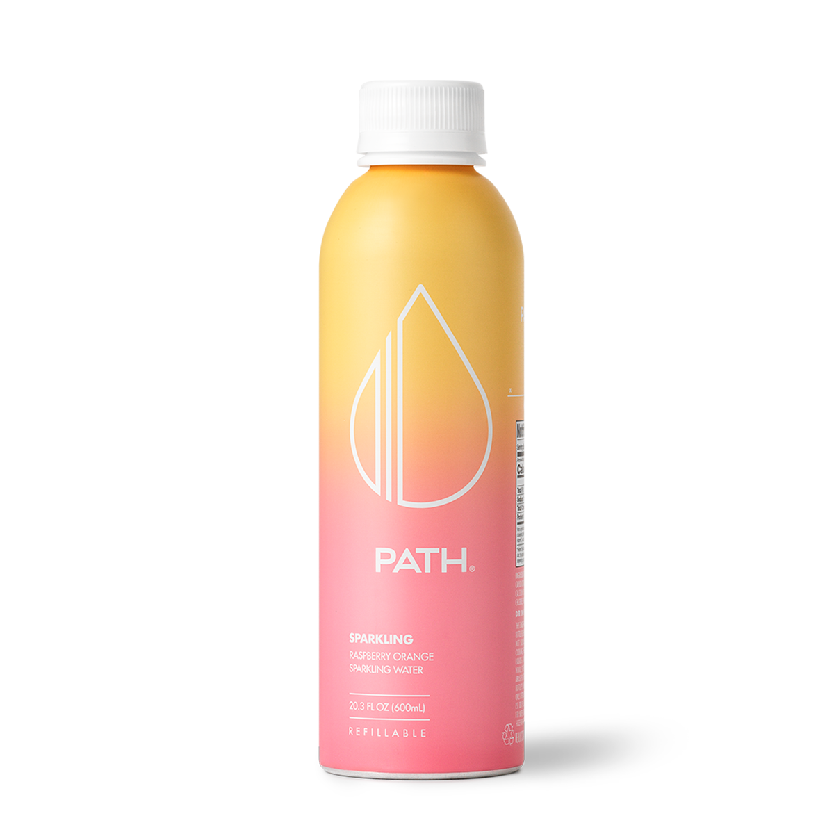 Front of PATH Raspberry Orange sparkling aluminum bottle 600 mL showing pink-to-yellow gradient label and Refillable on white