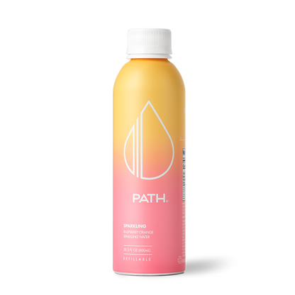 Front of PATH Raspberry Orange sparkling aluminum bottle 600 mL showing pink-to-yellow gradient label and Refillable on white