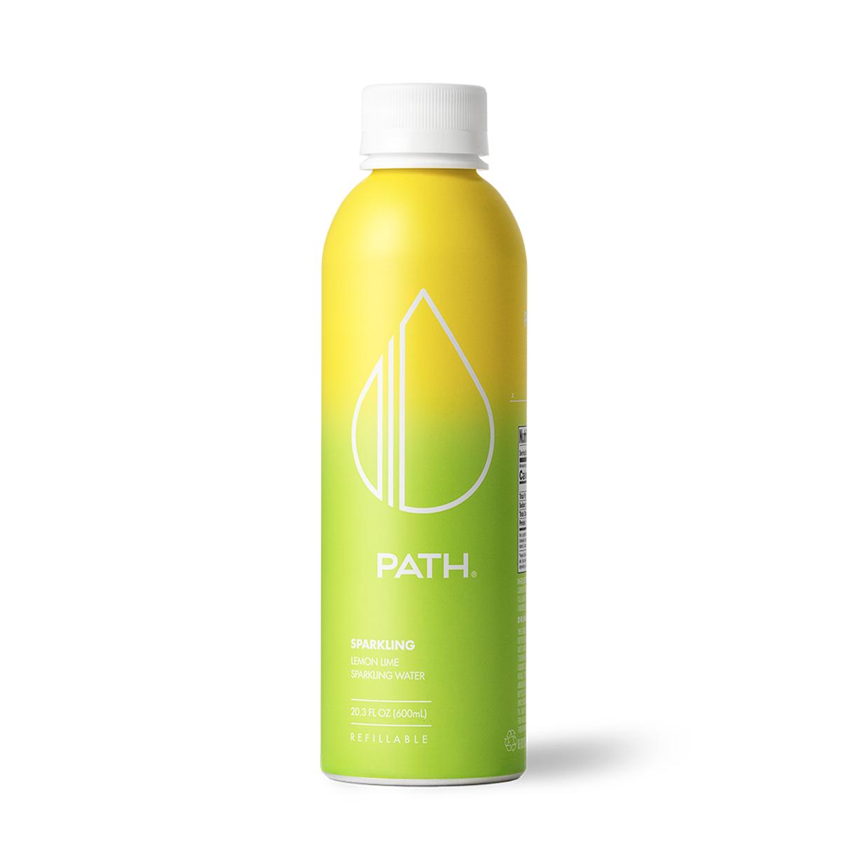 Front view of PATH 20 oz lemon lime sparkling aluminum bottle, refillable, yellow green gradient label and PATH logo on white background