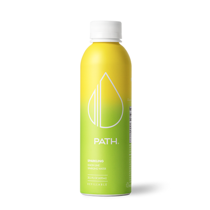 Front view of PATH 20 oz lemon lime sparkling aluminum bottle, refillable, yellow green gradient label and PATH logo on white background