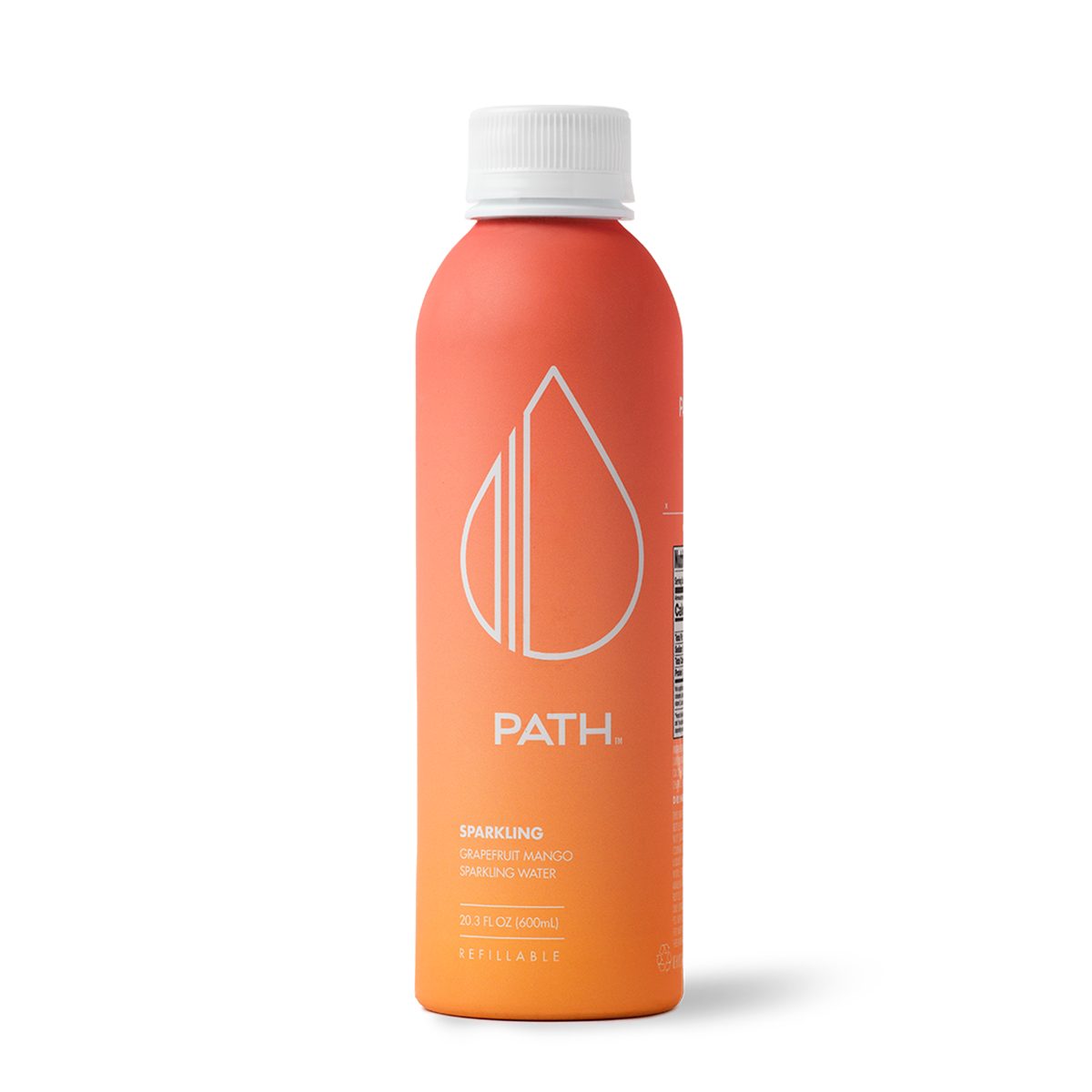 Front view of PATH 20.3 fl oz aluminum bottle, Sparkling Grapefruit Mango, orange to pink gradient, refillable