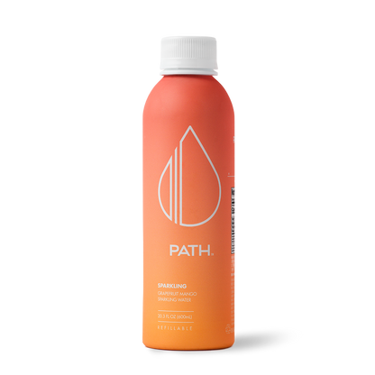 Front view of PATH 20.3 fl oz aluminum bottle, Sparkling Grapefruit Mango, orange to pink gradient, refillable