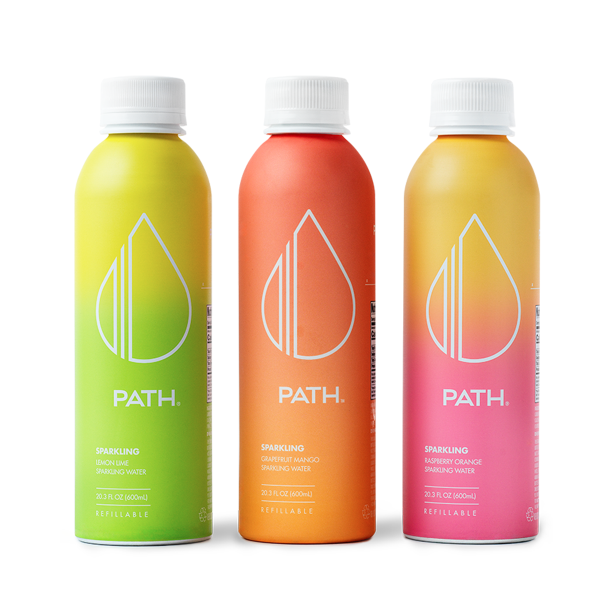 Front view of three PATH sparkling water bottles with gradient colors and PATH logo on white background