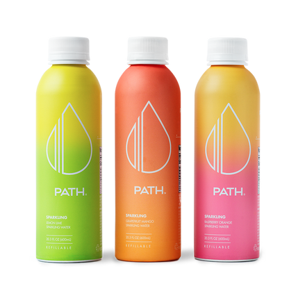 Front view of three PATH sparkling water bottles with gradient colors and PATH logo on white background