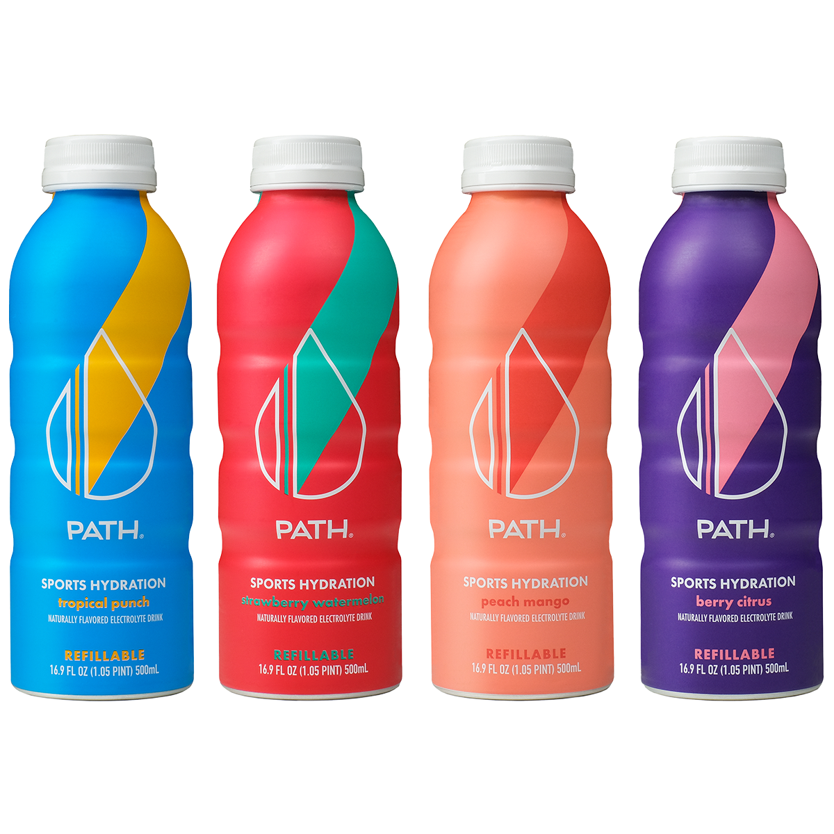 Four refillable PATH sports hydration bottles in tropical punch, strawberry watermelon, peach mango, and berry citrus