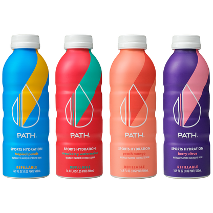 Four refillable PATH sports hydration bottles in tropical punch, strawberry watermelon, peach mango, and berry citrus