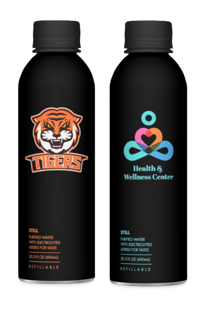 Front view of two PATH Custom Black bottles with custom printed logos, “20.3 FL OZ (600 mL)” capacity and refillable text on white background