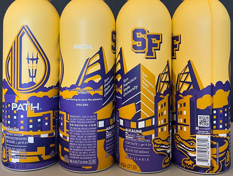 Close-up view of PATH aluminum bottled water bottles showcasing custom San Francisco State University graphics with a plain background