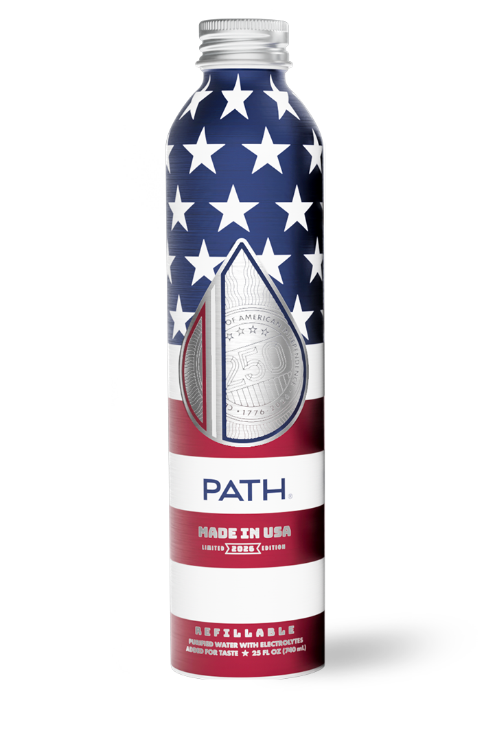 Front of PATH aluminum bottle showing red white and blue Made in USA 2026 design, PATH logo, refillable 25 fl oz