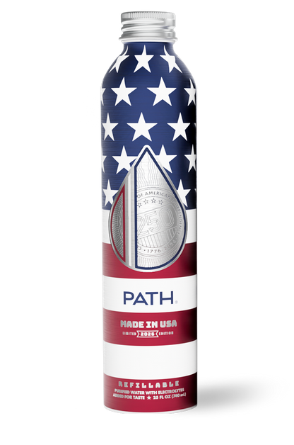 Front of PATH aluminum bottle showing red white and blue Made in USA 2026 design, PATH logo, refillable 25 fl oz