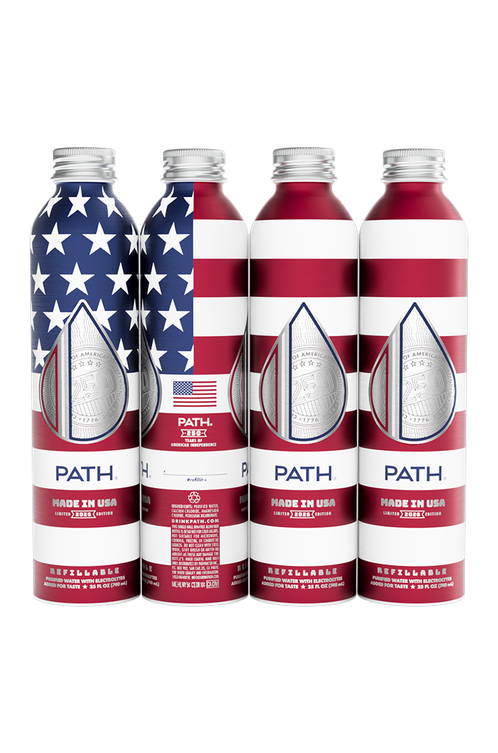Front view of silver Made in USA 2026 PATH refillable aluminum bottle with American flag wrap on white background