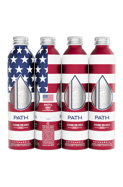 Front view of silver Made in USA 2026 PATH refillable aluminum bottle with American flag wrap on white background