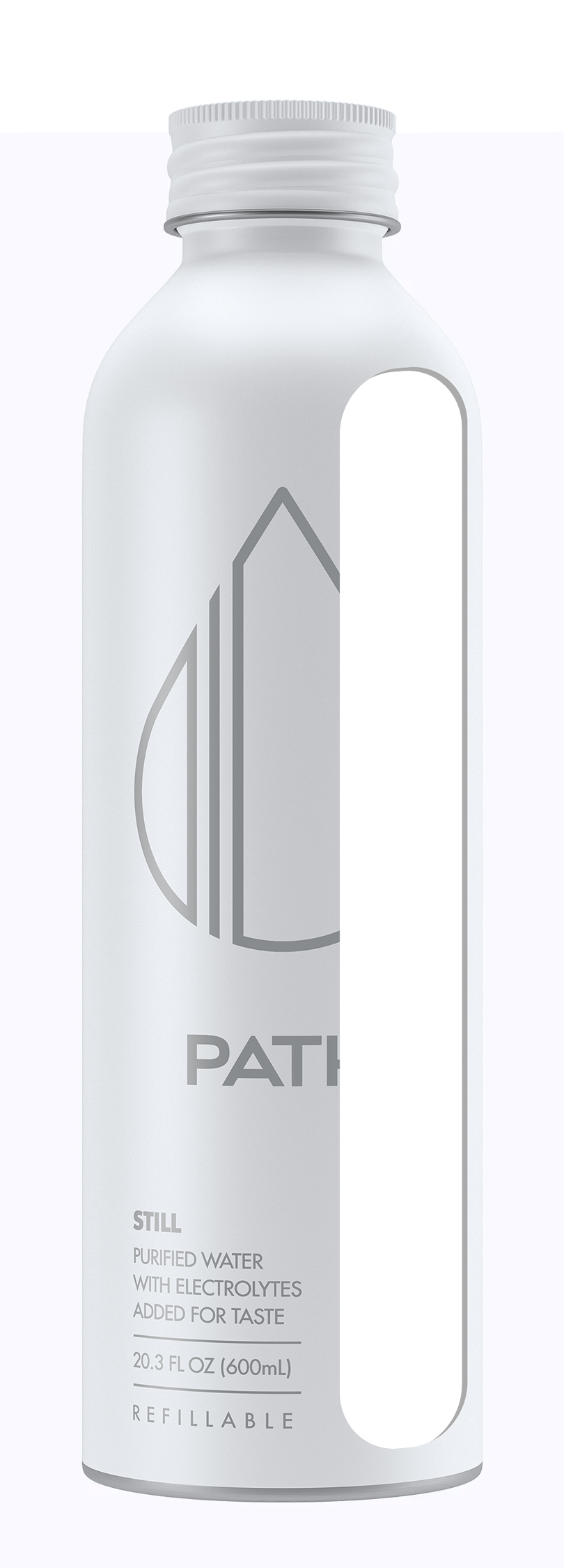Front view of PATH aluminum bottle with vertical cutout showing water level, PATH logo and 600 mL capacity on pale background